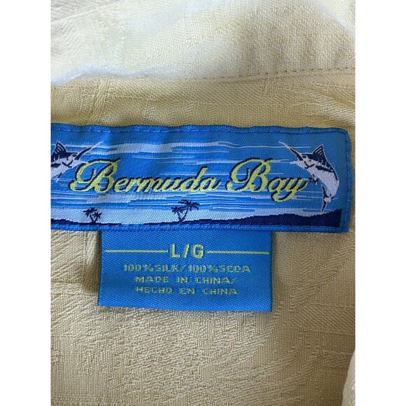 Bermuda Bay Silk Palm Tree Button Up Hawaiian Shirt Men L Yellow Short Sleeve - Picture 3 of 6